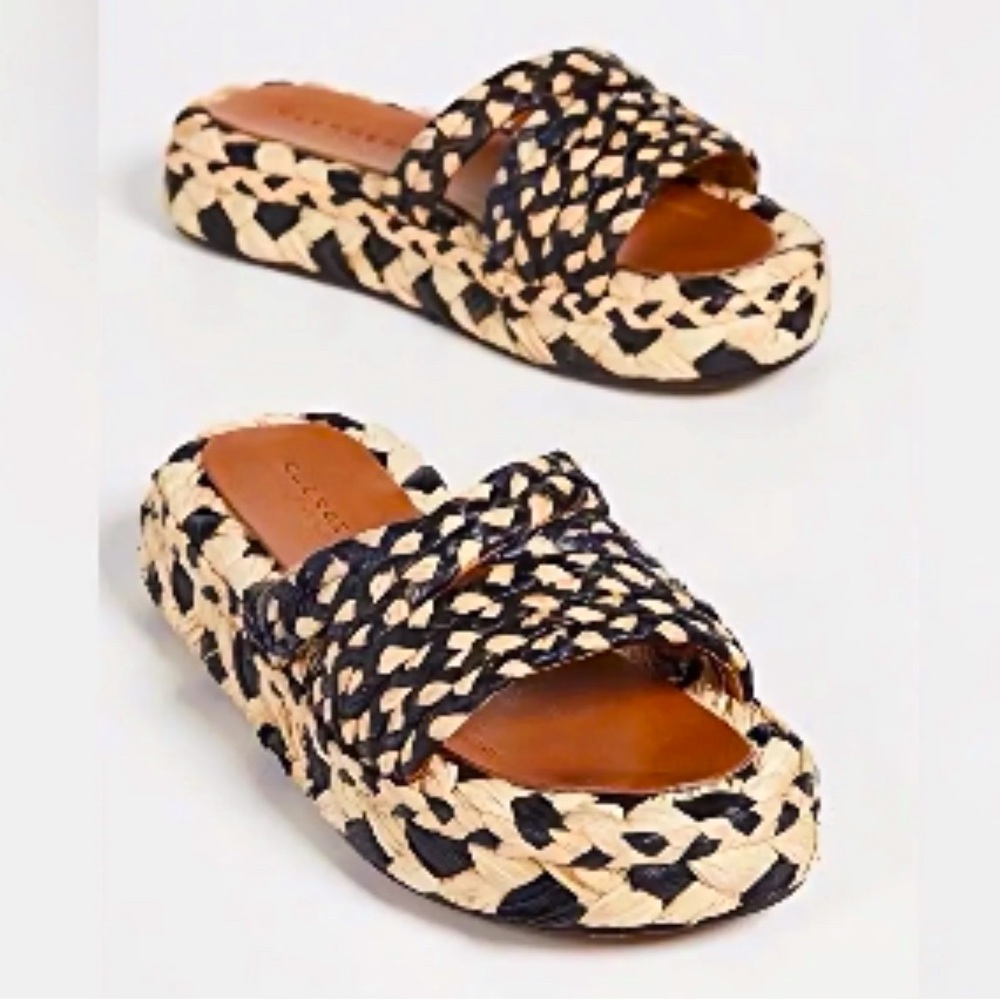 ROBERT CLERGERIE raffia platform slides sandals, size 38.5